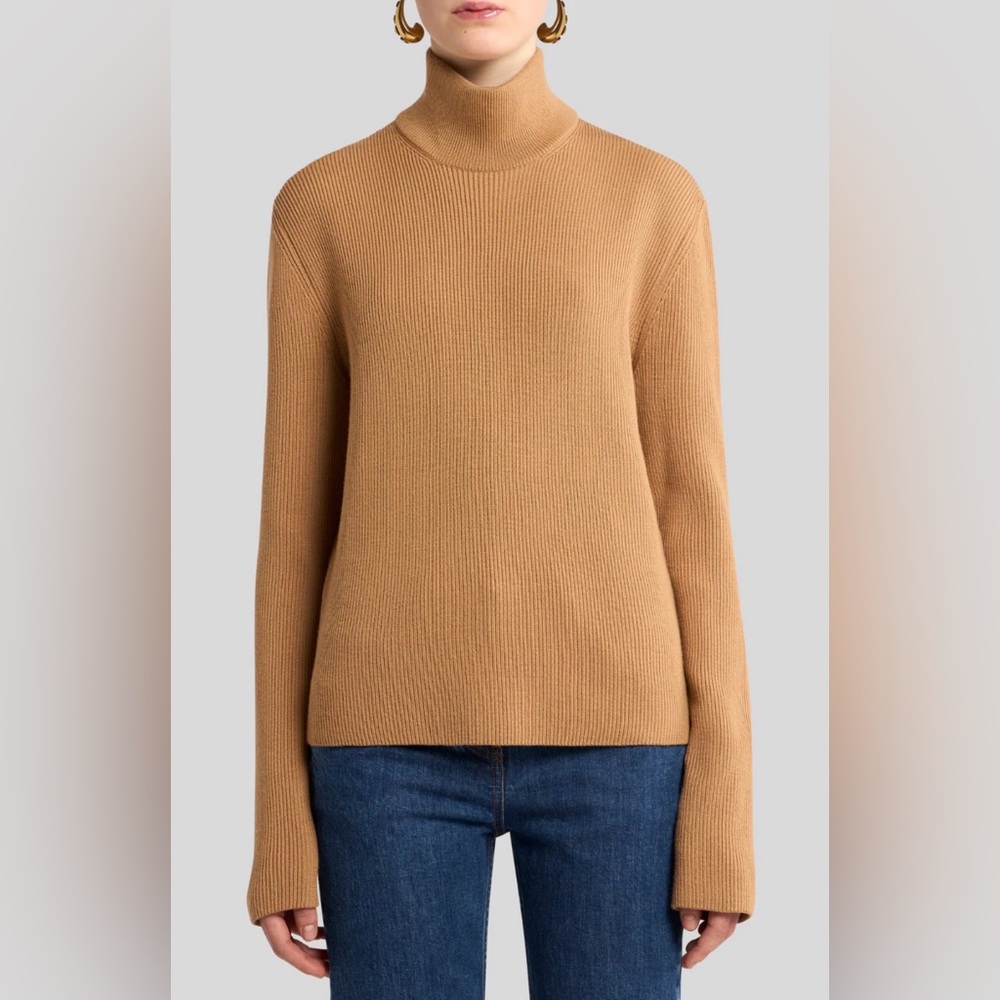 Classic 100% Cashmere Tan Roll Neck Mock Neck Sweater Ribbed Medium